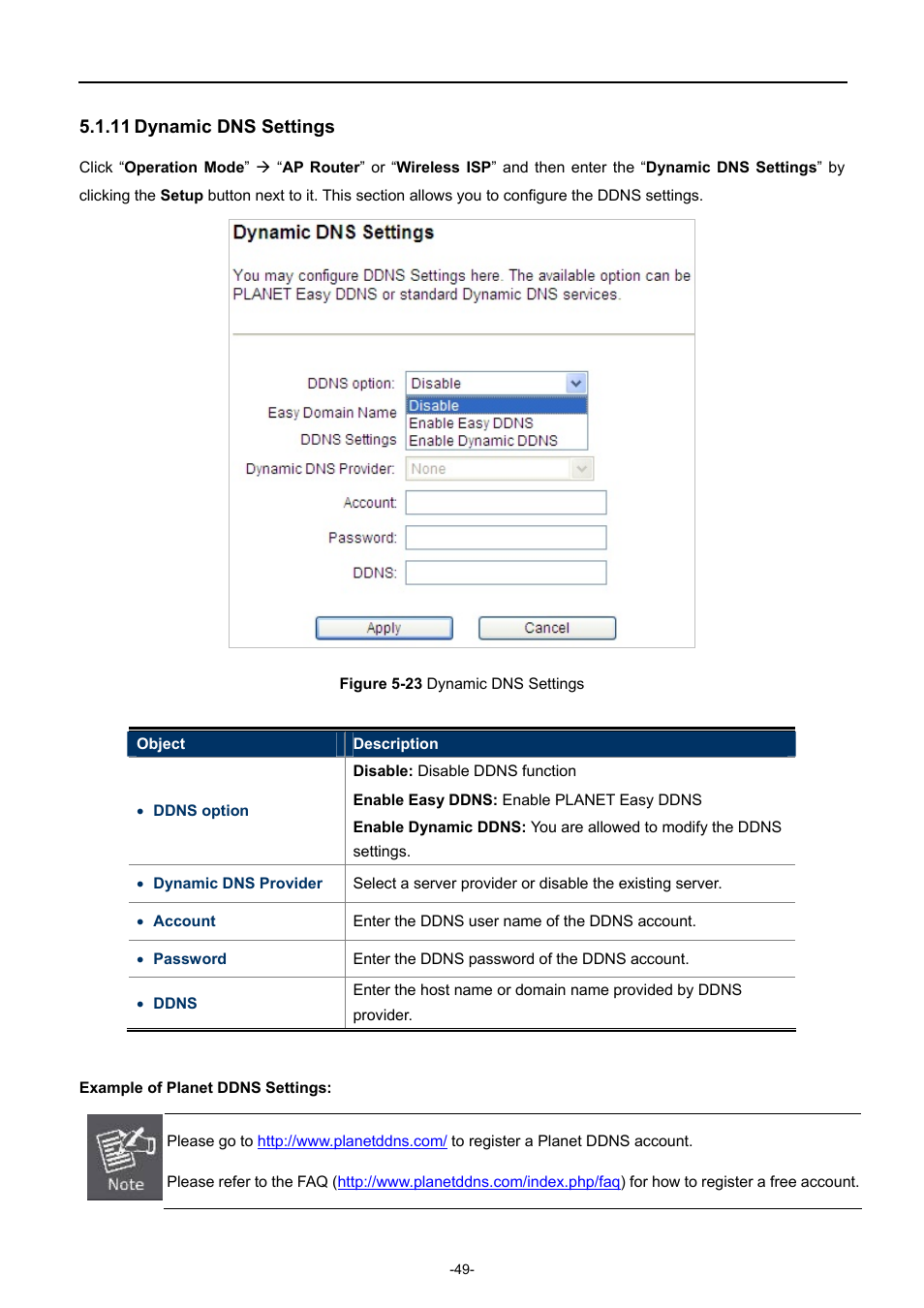 11 dynamic dns settings, Dynamic dns settings, Igure | Ynamic, Ettings | PLANET WNAP-7335 User Manual | Page 50 / 95
