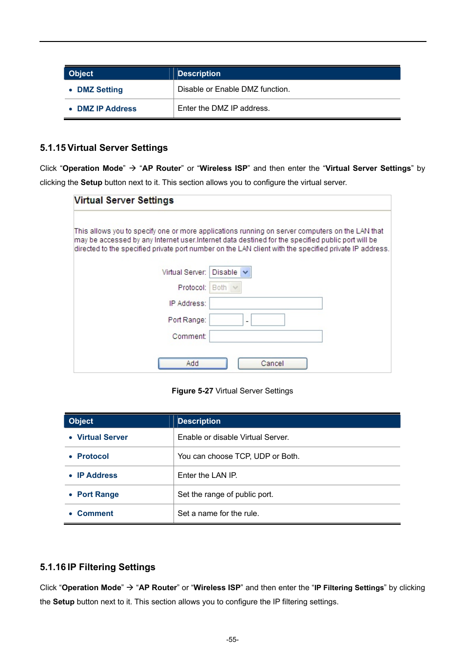 15 virtual server settings, 16 ip filtering settings, Virtual server settings | Ip filtering settings, Igure, Irtual, Erver, Ettings | PLANET WNAP-7335 User Manual | Page 56 / 95
