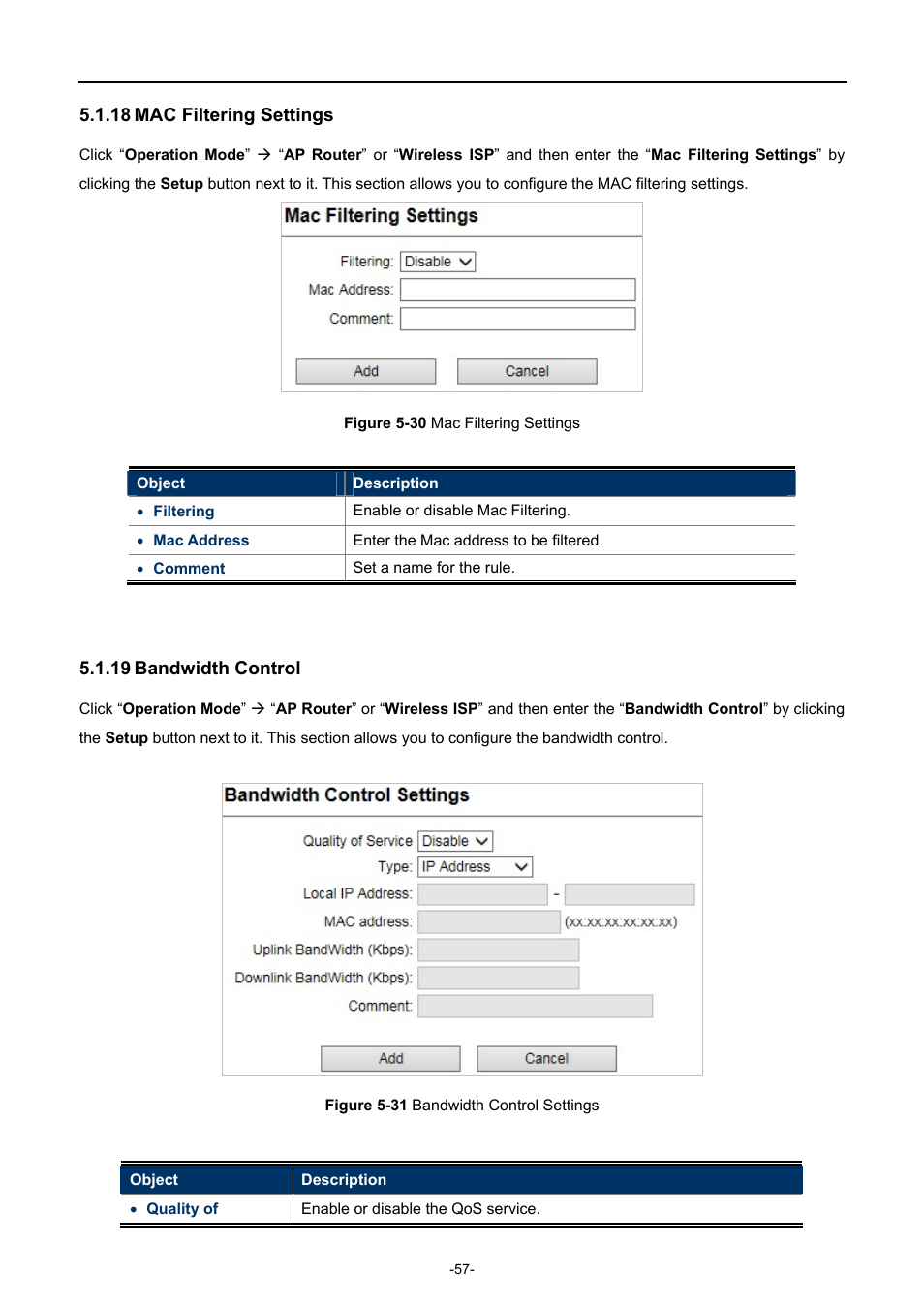 18 mac filtering settings, 19 bandwidth control, Mac filtering settings | Bandwidth control, Igure, Iltering, Ettings, Andwidth, Ontrol | PLANET WNAP-7335 User Manual | Page 58 / 95