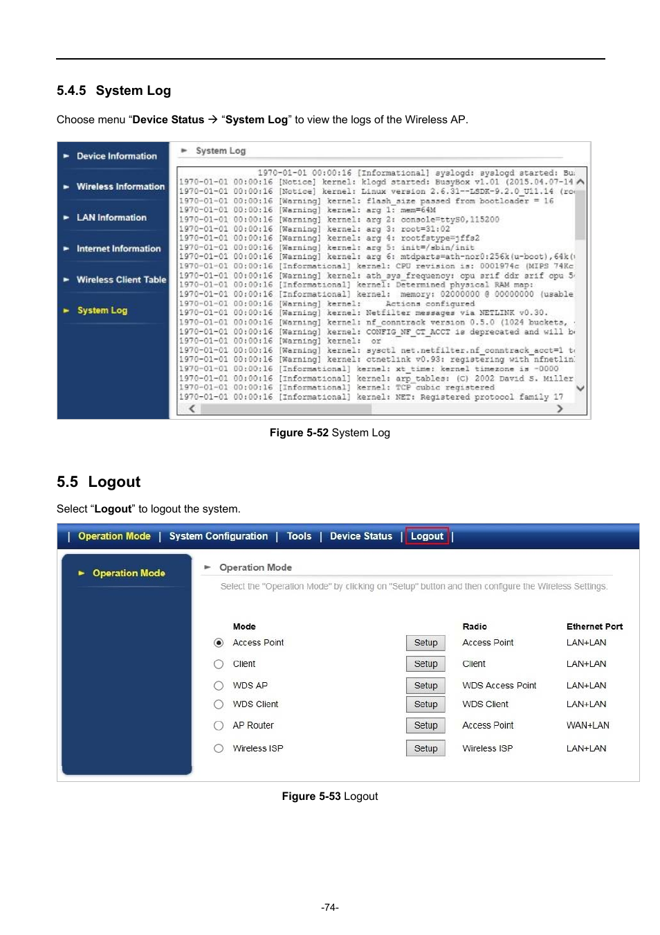 5 system log, 5 logout, System log | Logout, Igure, Ystem, Ogout | PLANET WNAP-7335 User Manual | Page 75 / 95
