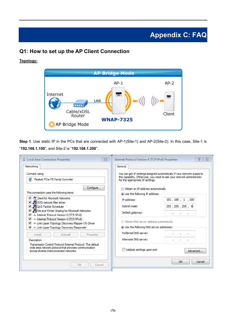 Appendix c: faq, Q1: how to set up the ap client connection | PLANET WNAP-7335 User Manual | Page 80 / 95