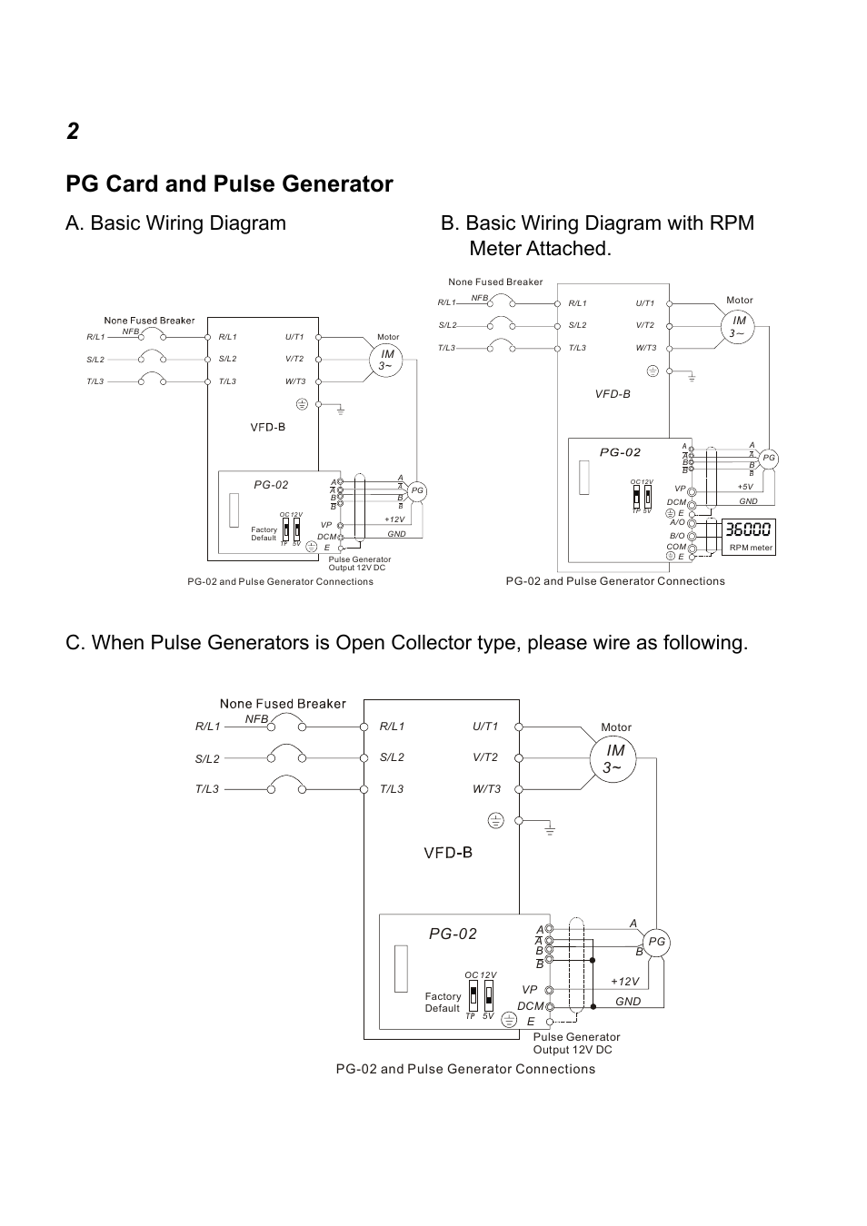 2pg card and pulse generator, A. basic wiring diagram, B. basic wiring diagram with rpm meter attached | Im 3, Pg-02 | Delta Electronics Pulse Generator Card PG-02 User Manual | Page 2 / 4