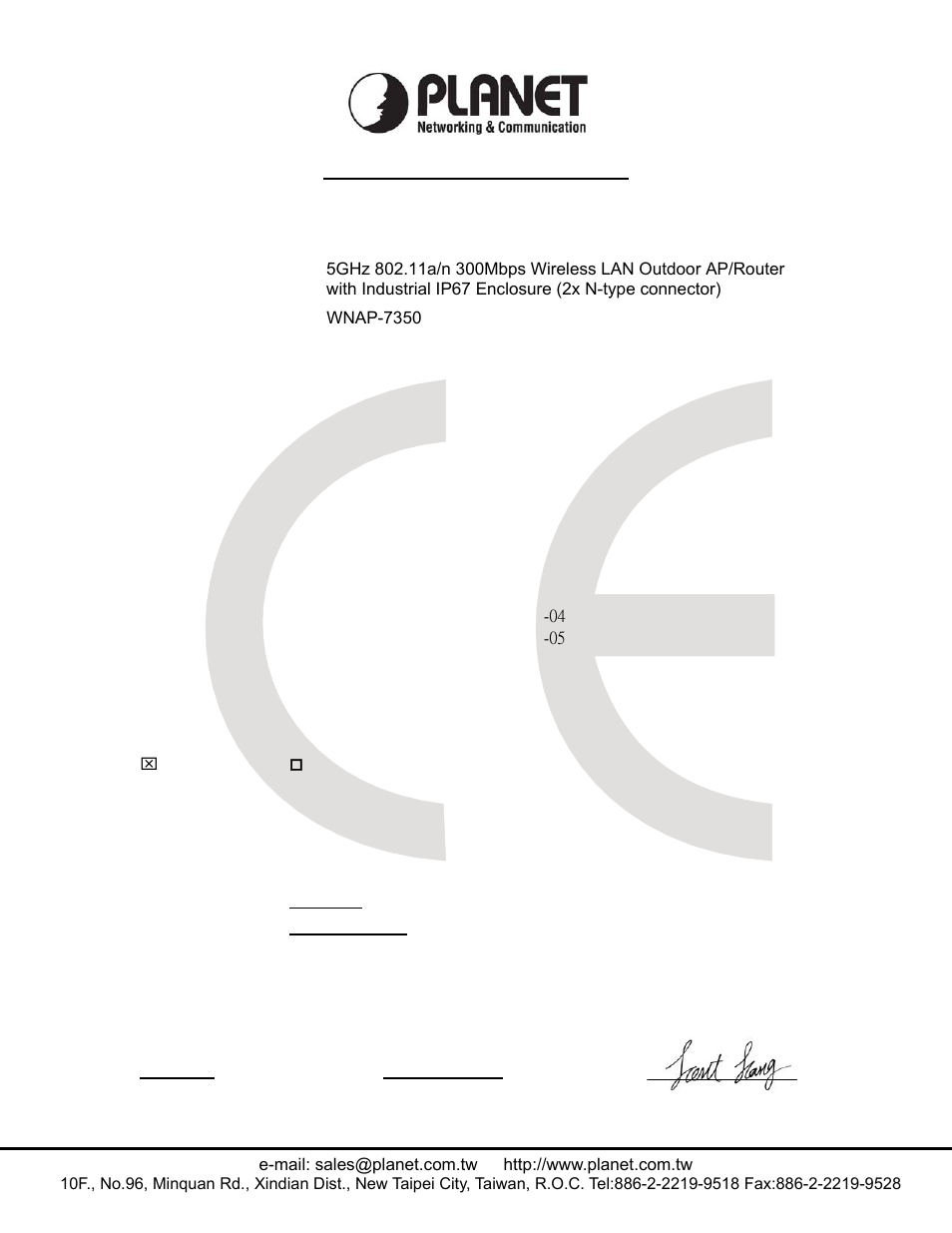 Ec declaration of conformity, Planet technology corporation | PLANET WNAP-7350 User Manual | Page 102 / 103