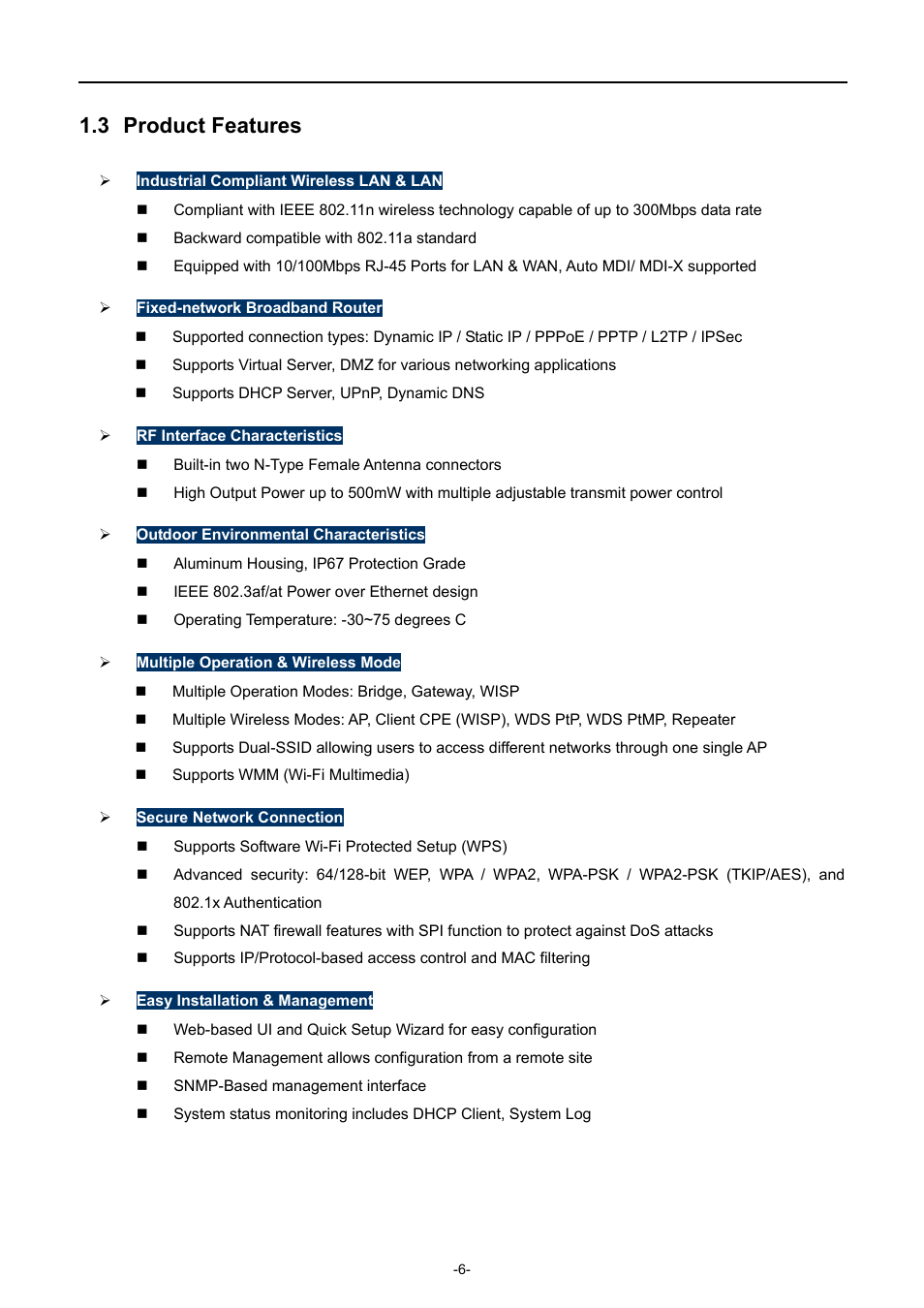 3 product features, Product features | PLANET WNAP-7350 User Manual | Page 13 / 103