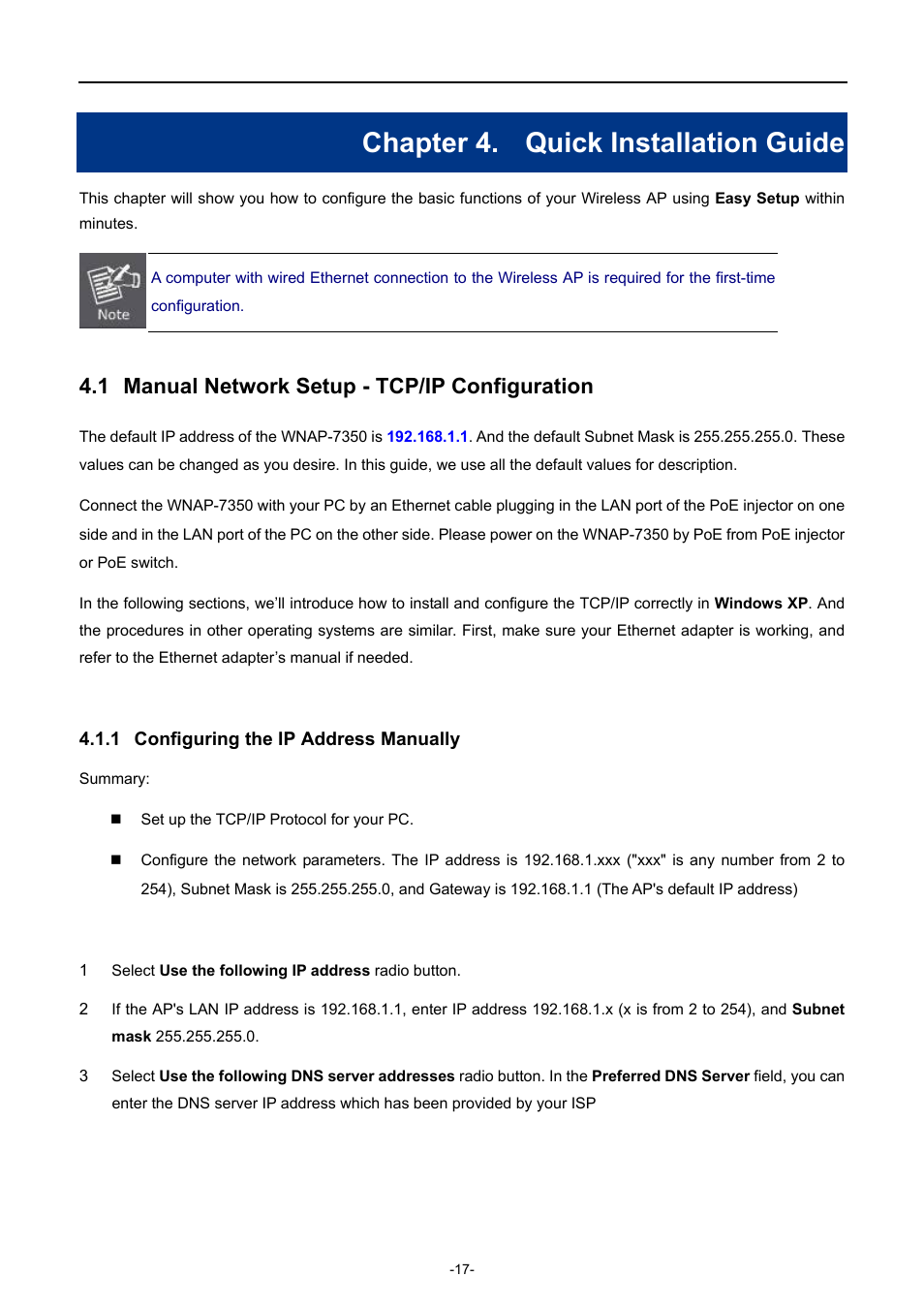 Chapter 4. quick installation guide, 1 manual network setup - tcp/ip configuration, 1 configuring the ip address manually | Chapter 4, Quick installation guide, Manual network setup - tcp/ip configuration, Configuring the ip address manually | PLANET WNAP-7350 User Manual | Page 24 / 103