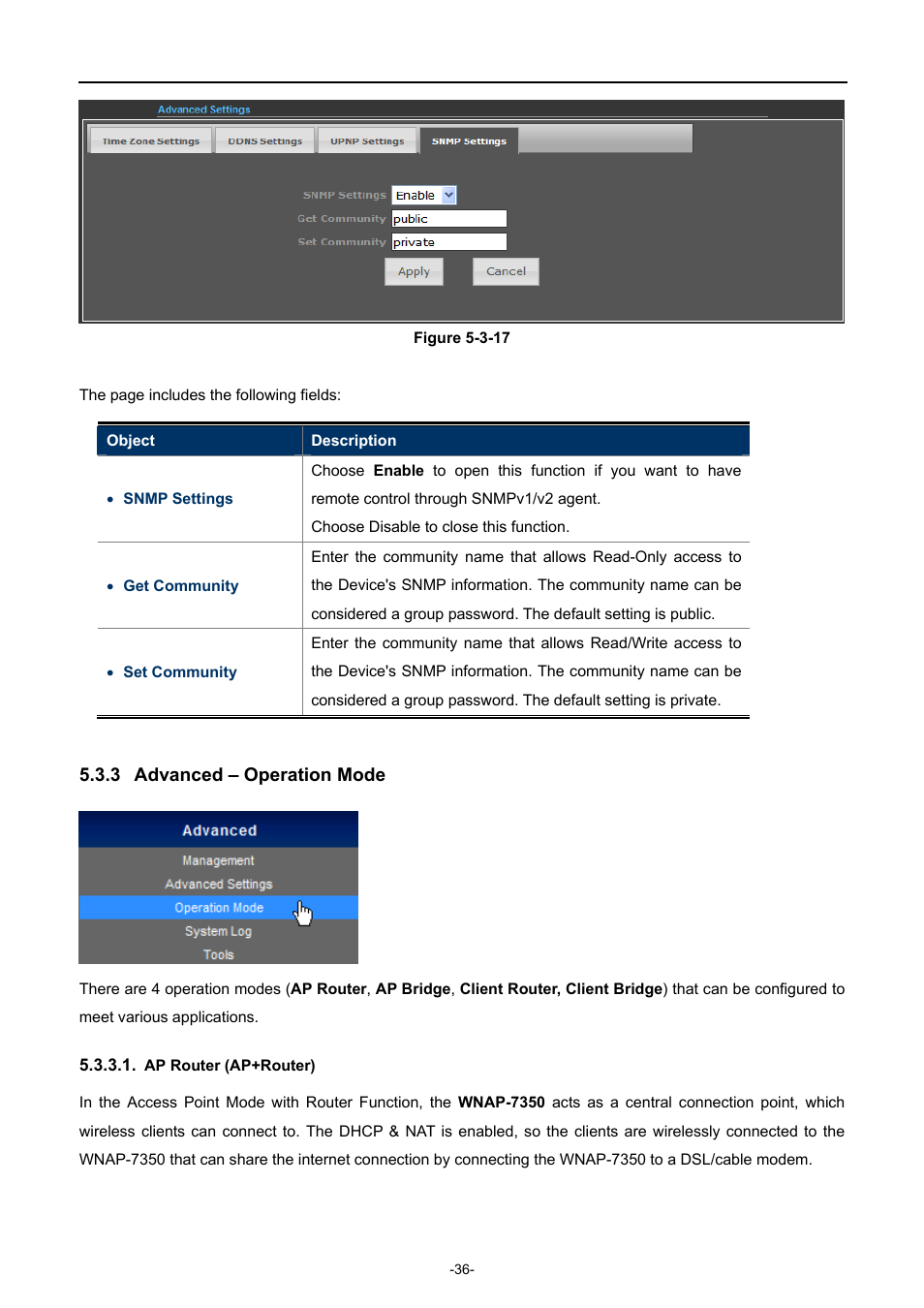 3 advanced – operation mode, Ap router (ap+router), Advanced – operation mode | PLANET WNAP-7350 User Manual | Page 43 / 103