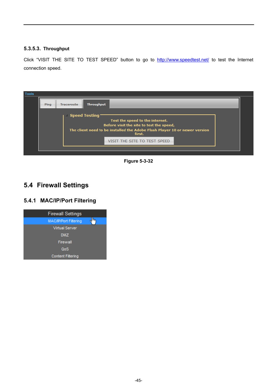 Throughput, 4 firewall settings, 1 mac/ip/port filtering | Firewall settings, Mac/ip/port filtering | PLANET WNAP-7350 User Manual | Page 52 / 103