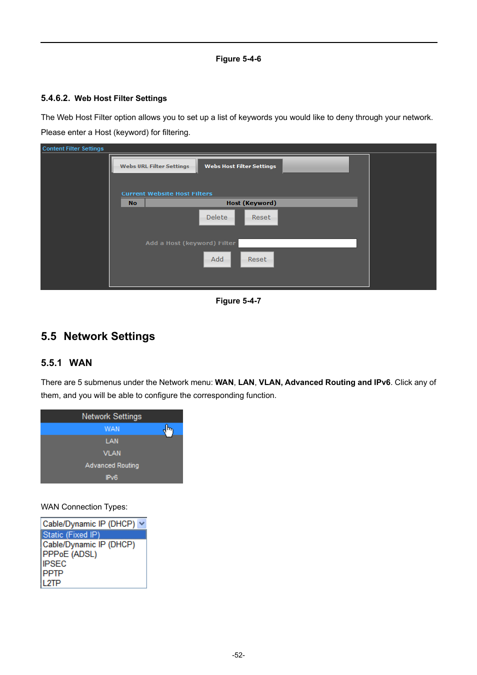 Web host filter settings, 5 network settings, 1 wan | Network settings | PLANET WNAP-7350 User Manual | Page 59 / 103