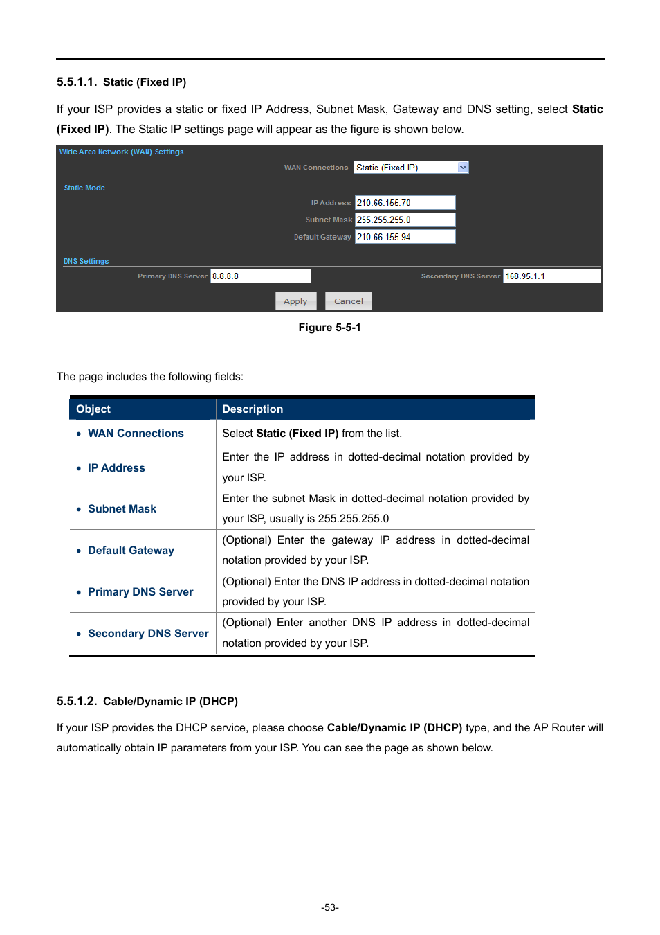 Static (fixed ip), Cable/dynamic ip (dhcp) | PLANET WNAP-7350 User Manual | Page 60 / 103