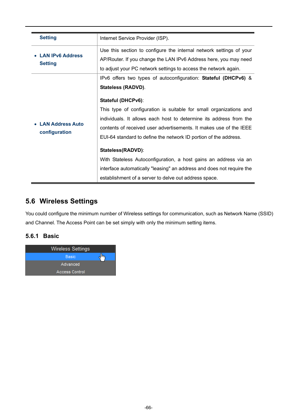 6 wireless settings, 1 basic, Wireless settings | Basic | PLANET WNAP-7350 User Manual | Page 73 / 103