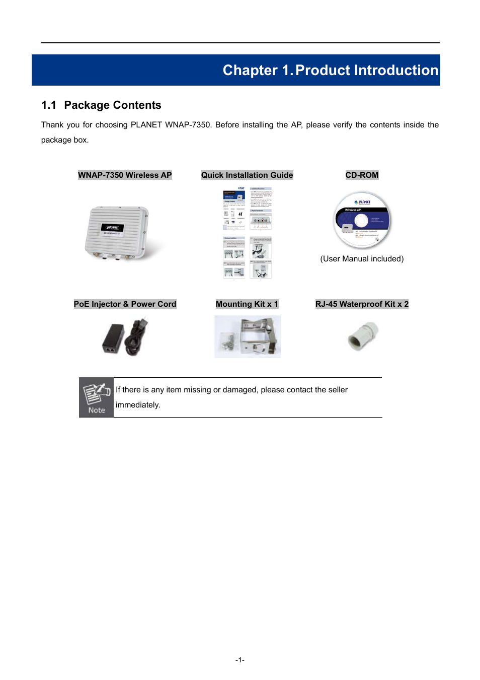 Chapter 1. product introduction, 1 package contents, Chapter 1 | Product introduction, Package contents | PLANET WNAP-7350 User Manual | Page 8 / 103