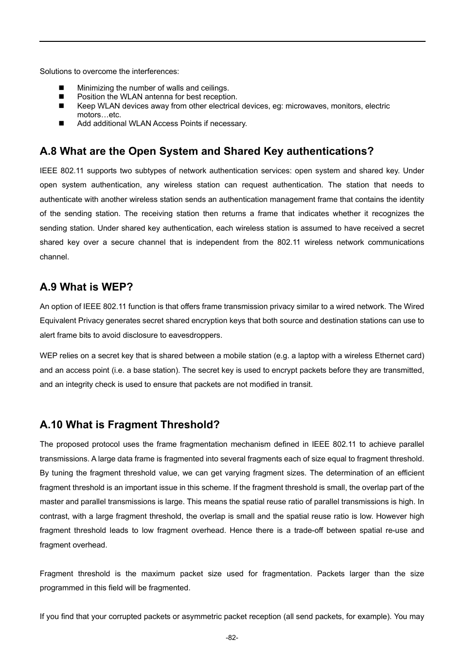 A.9 what is wep, A.10 what is fragment threshold | PLANET WNAP-7350 User Manual | Page 89 / 103