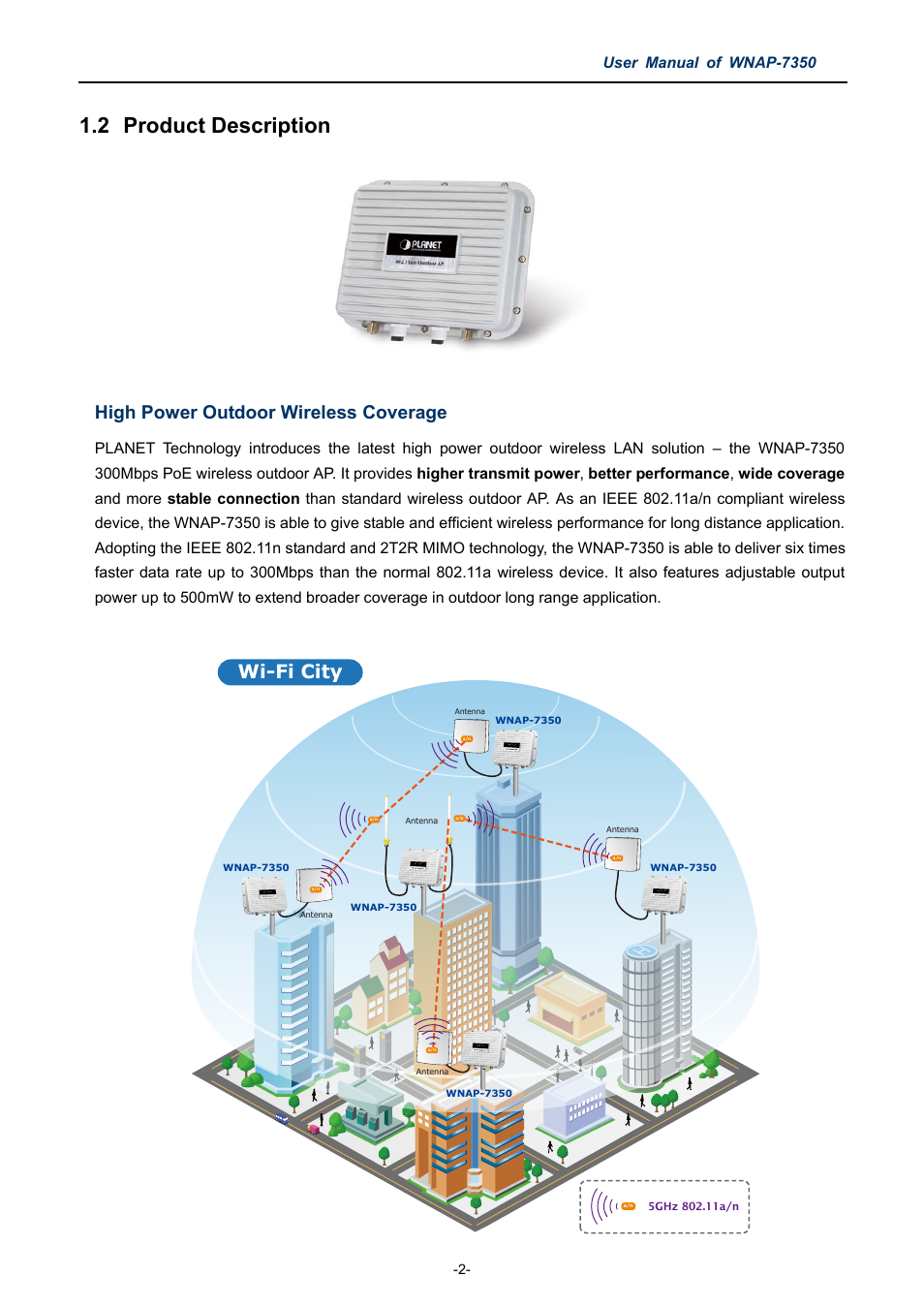 2 product description, Product description, High power outdoor wireless coverage | Wi-fi city, User manual of wnap-7350 | PLANET WNAP-7350 User Manual | Page 9 / 103