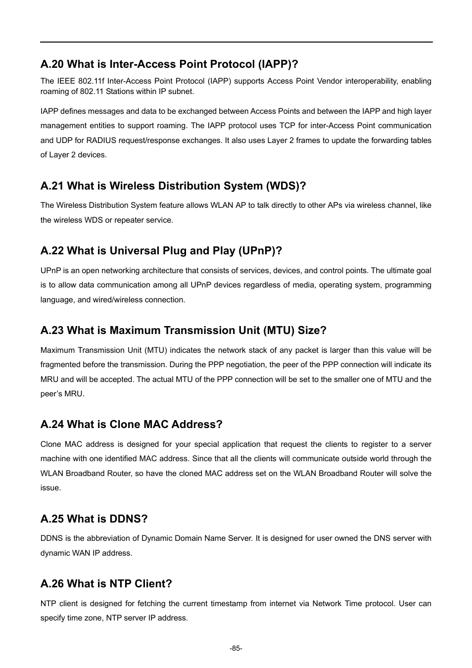 A.20 what is inter-access point protocol (iapp), A.21 what is wireless distribution system (wds), A.22 what is universal plug and play (upnp) | A.23 what is maximum transmission unit (mtu) size, A.24 what is clone mac address, A.25 what is ddns, A.26 what is ntp client | PLANET WNAP-7350 User Manual | Page 92 / 103