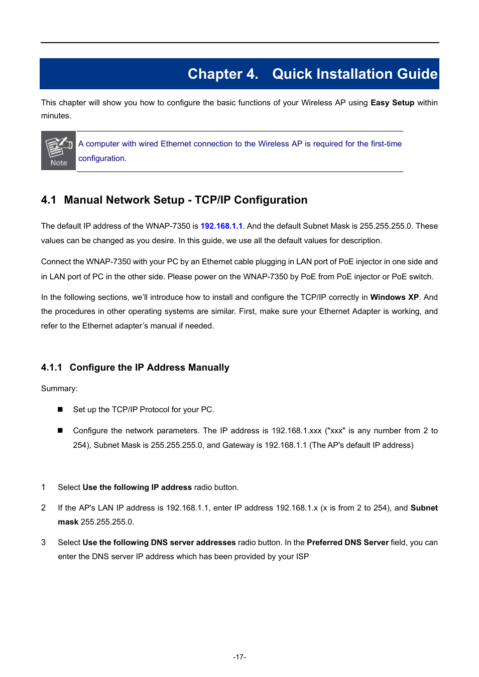 Chapter 4. quick installation guide, 1 manual network setup - tcp/ip configuration, 1 configure the ip address manually | Chapter 4, Quick installation guide, Manual network setup - tcp/ip configuration, Configure the ip address manually | PLANET WNAP-7350 User Manual | Page 24 / 103