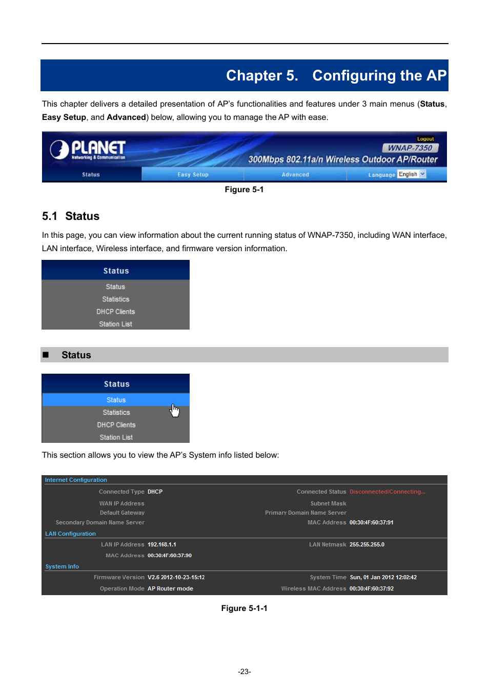 Chapter 5. configuring the ap, 1 status, Chapter 5 | Configuring the ap, Status | PLANET WNAP-7350 User Manual | Page 30 / 103