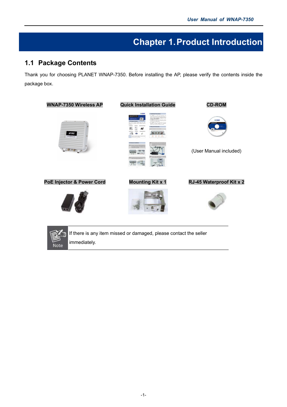 Chapter 1. product introduction, 1 package contents, Chapter 1 | Product introduction, Package contents | PLANET WNAP-7350 User Manual | Page 8 / 103