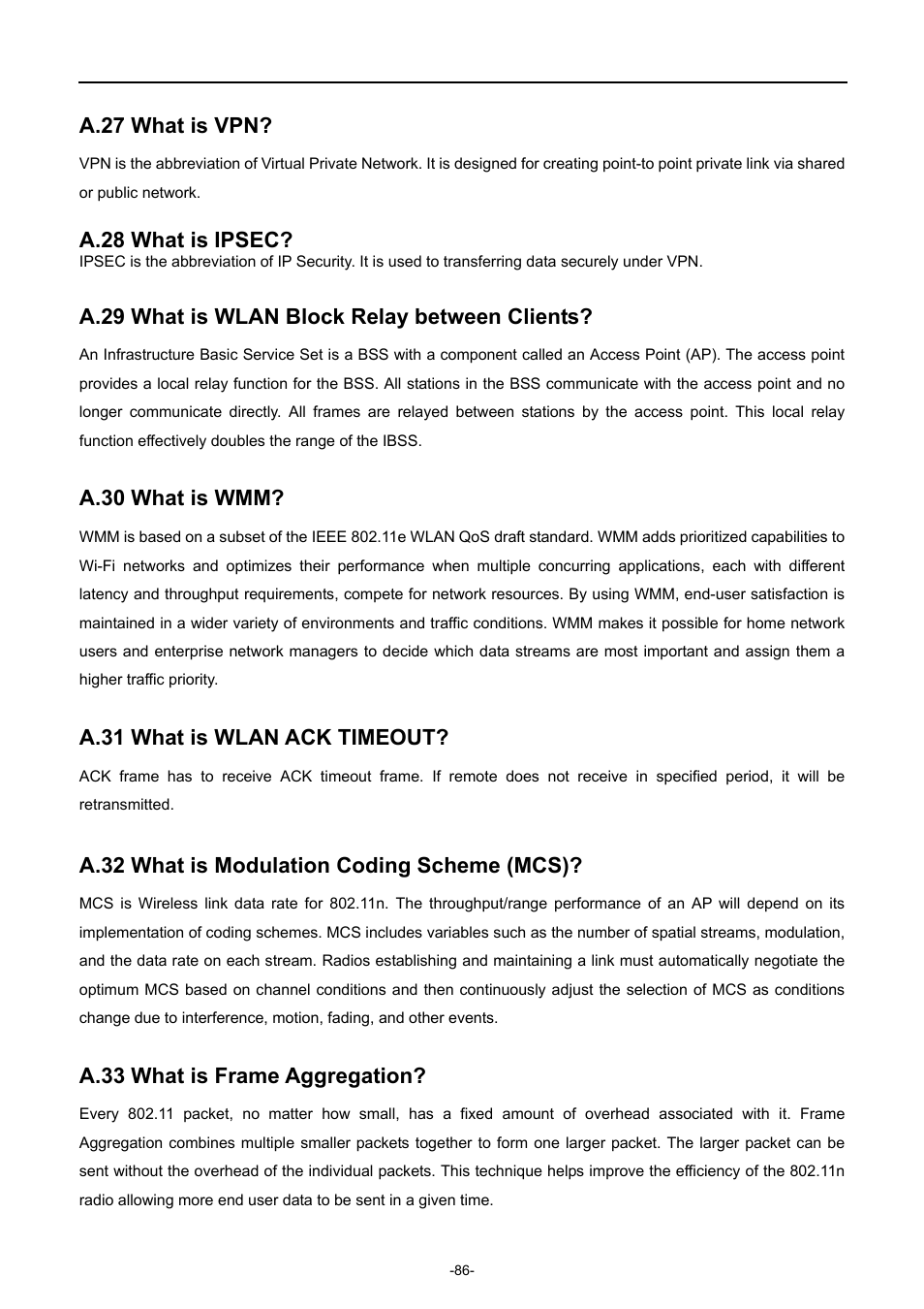 A.27 what is vpn, A.28 what is ipsec, A.29 what is wlan block relay between clients | A.30 what is wmm, A.31 what is wlan ack timeout, A.32 what is modulation coding scheme (mcs), A.33 what is frame aggregation | PLANET WNAP-7350 User Manual | Page 93 / 103