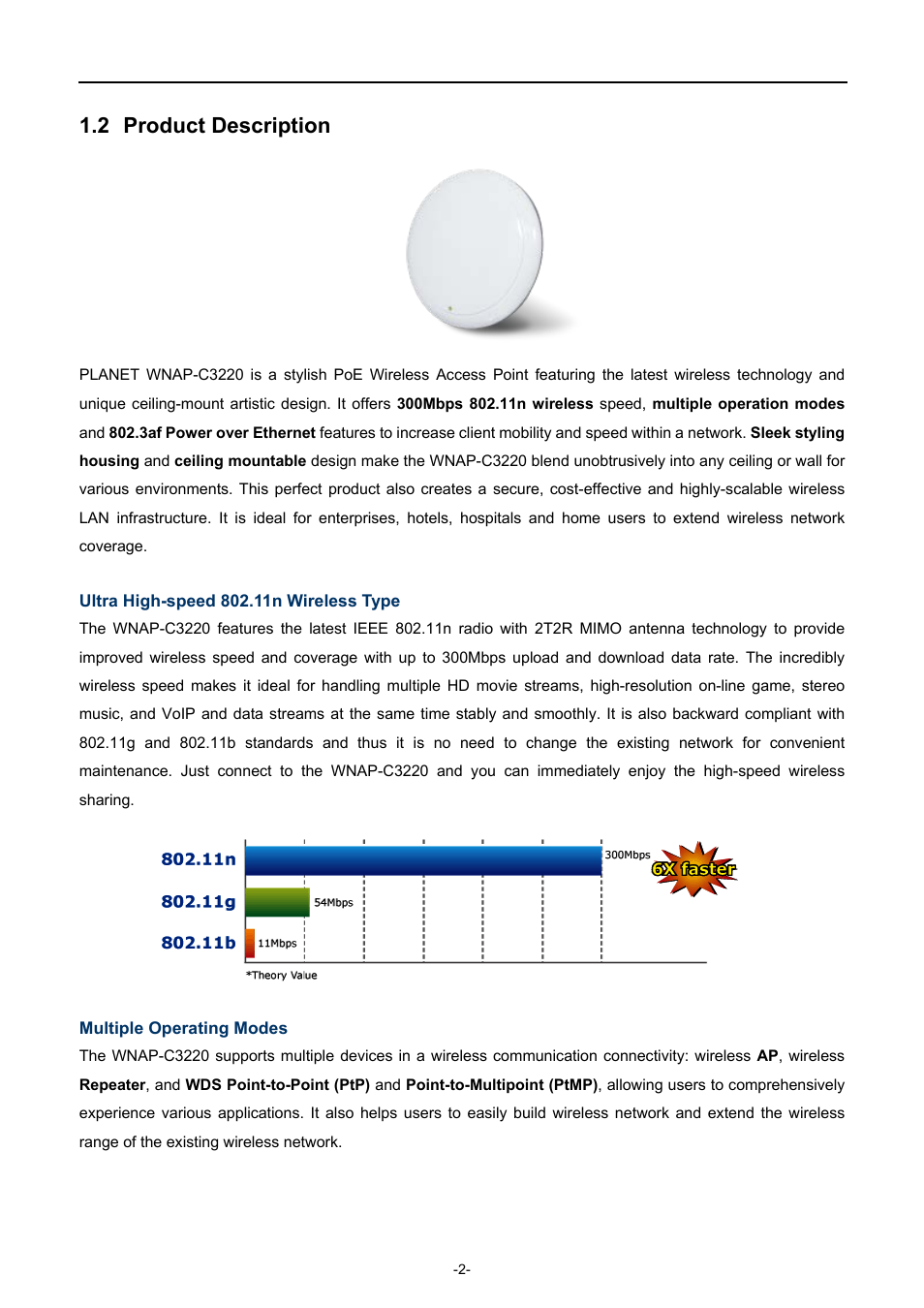 2 product description, Product description | PLANET WNAP-C3220 User Manual | Page 10 / 79