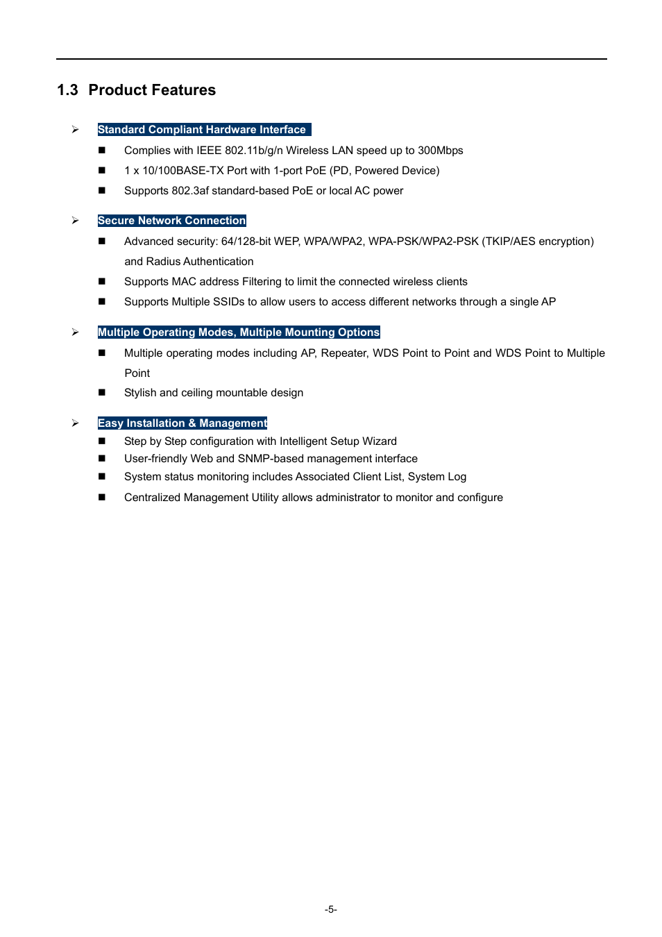 3 product features, Product features | PLANET WNAP-C3220 User Manual | Page 13 / 79
