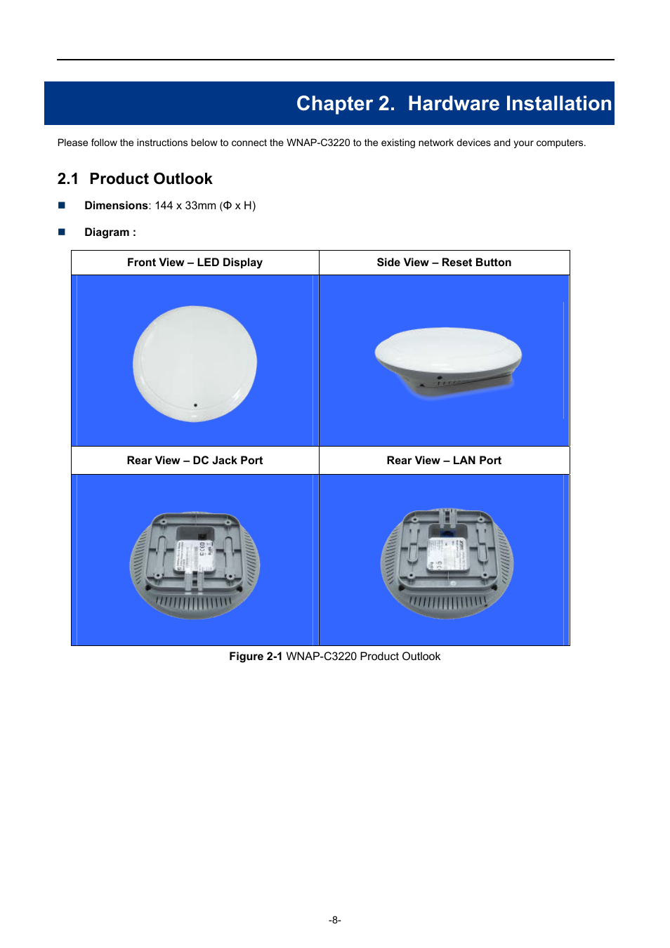 Chapter 2. hardware installation, 1 product outlook, Chapter 2 | Hardware installation, Product outlook, Igure, Wnap-c3220, Roduct, Utlook | PLANET WNAP-C3220 User Manual | Page 16 / 79