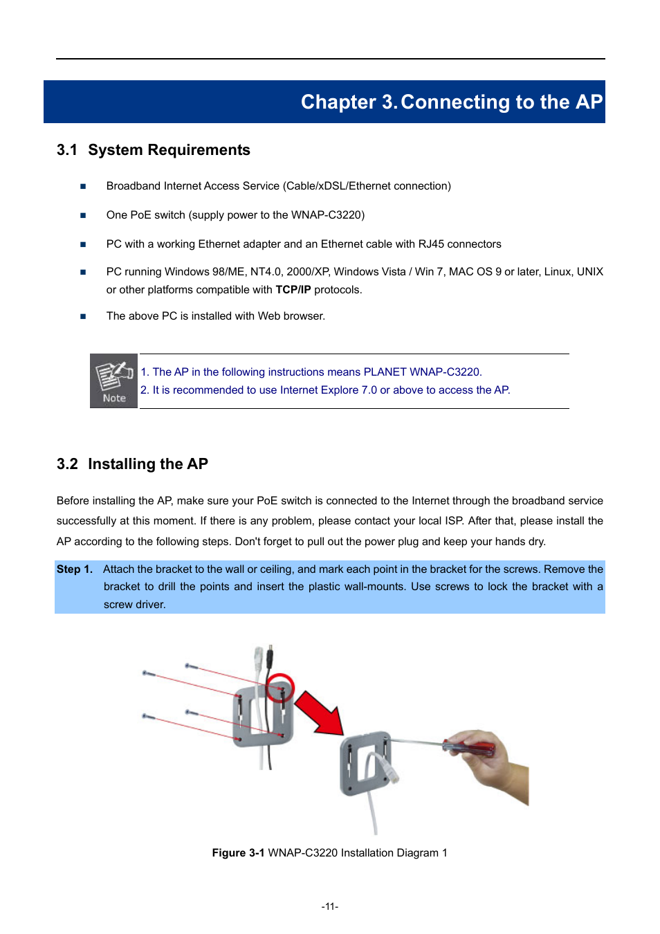 Chapter 3. connecting to the ap, 1 system requirements, 2 installing the ap | Chapter 3, Connecting to the ap, System requirements, Installing the ap, Igure, Wnap-c3220, Nstallation | PLANET WNAP-C3220 User Manual | Page 19 / 79
