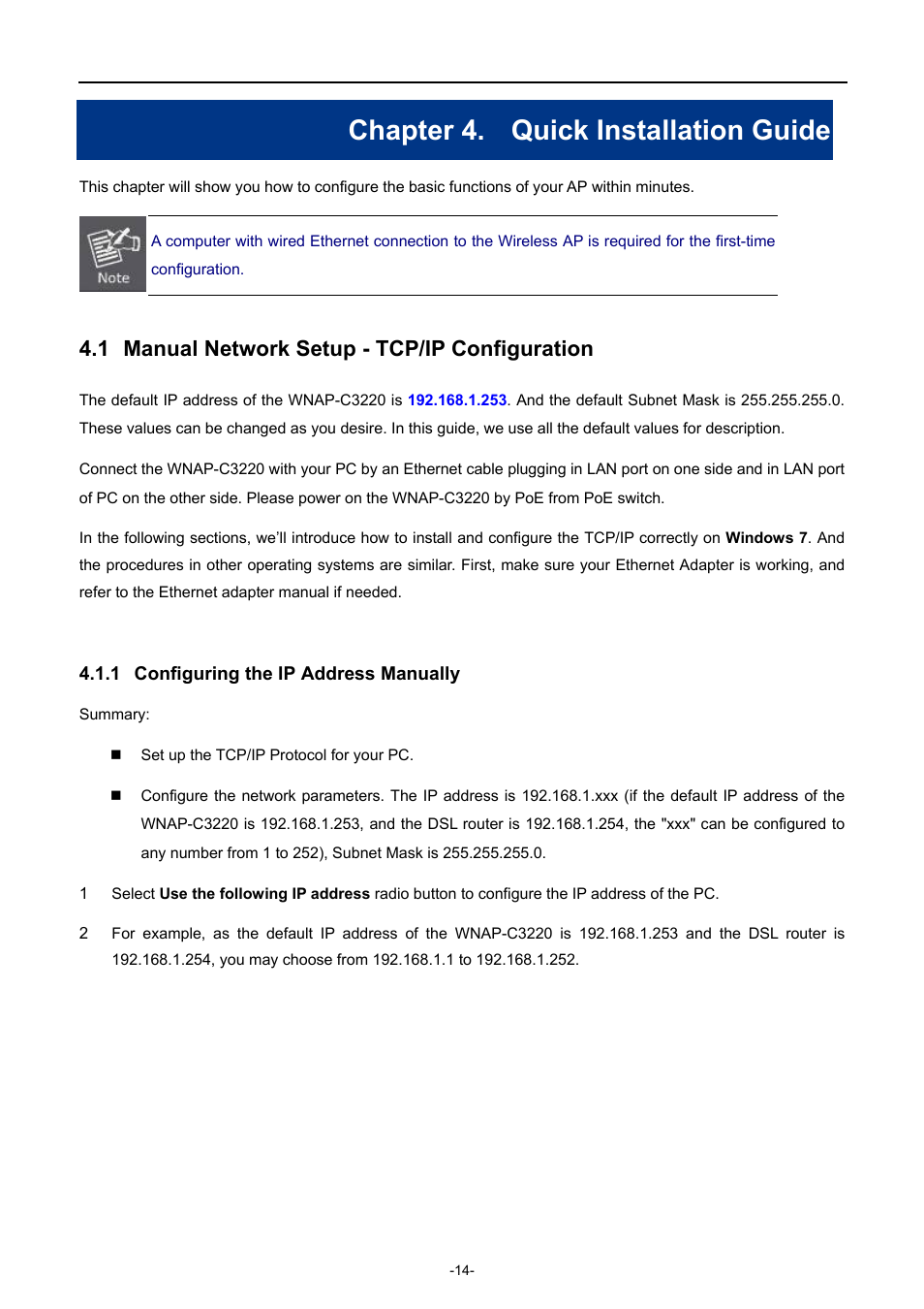 Chapter 4. quick installation guide, 1 manual network setup - tcp/ip configuration, 1 configuring the ip address manually | Chapter 4, Quick installation guide, Manual network setup - tcp/ip configuration, Configuring the ip address manually | PLANET WNAP-C3220 User Manual | Page 22 / 79