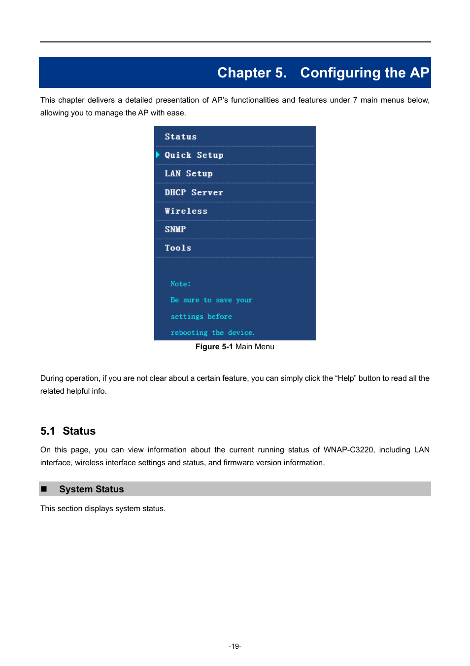 Chapter 5. configuring the ap, 1 status, Chapter 5 | Configuring the ap, Status, Igure | PLANET WNAP-C3220 User Manual | Page 27 / 79