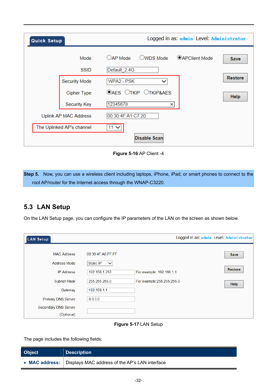 3 lan setup, Lan setup, Igure | Lient, Etup | PLANET WNAP-C3220 User Manual | Page 40 / 79