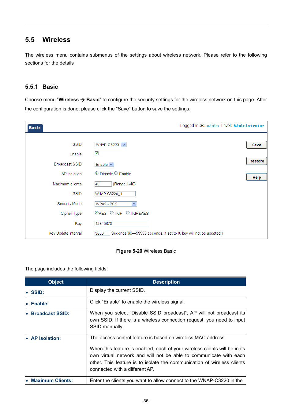 5 wireless, 1 basic, Wireless | Basic, Igure, Ireless, Asic | PLANET WNAP-C3220 User Manual | Page 44 / 79