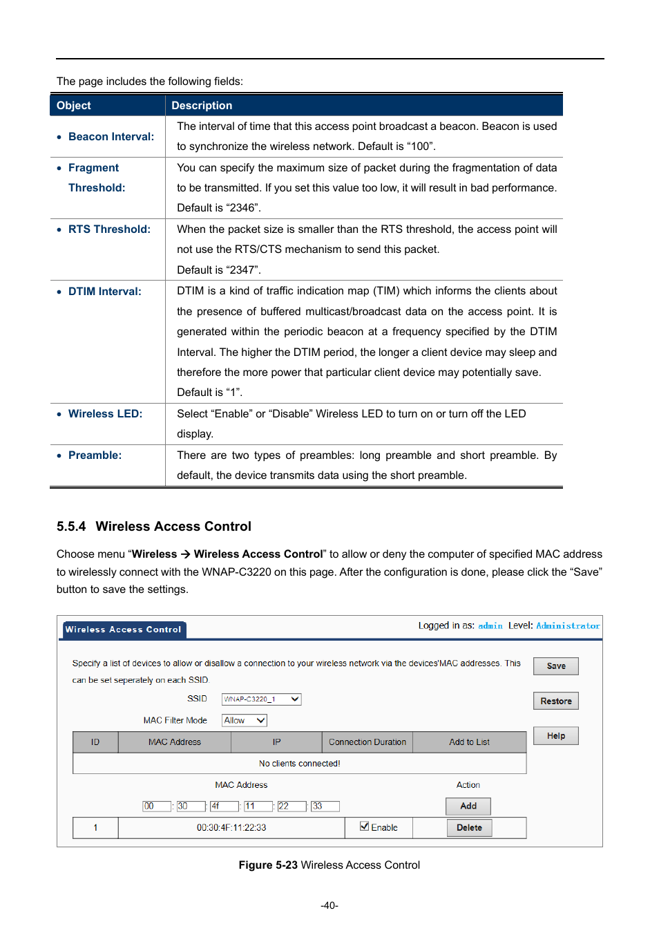 4 wireless access control, Wireless access control, Igure | Ireless, Ccess, Ontrol | PLANET WNAP-C3220 User Manual | Page 48 / 79