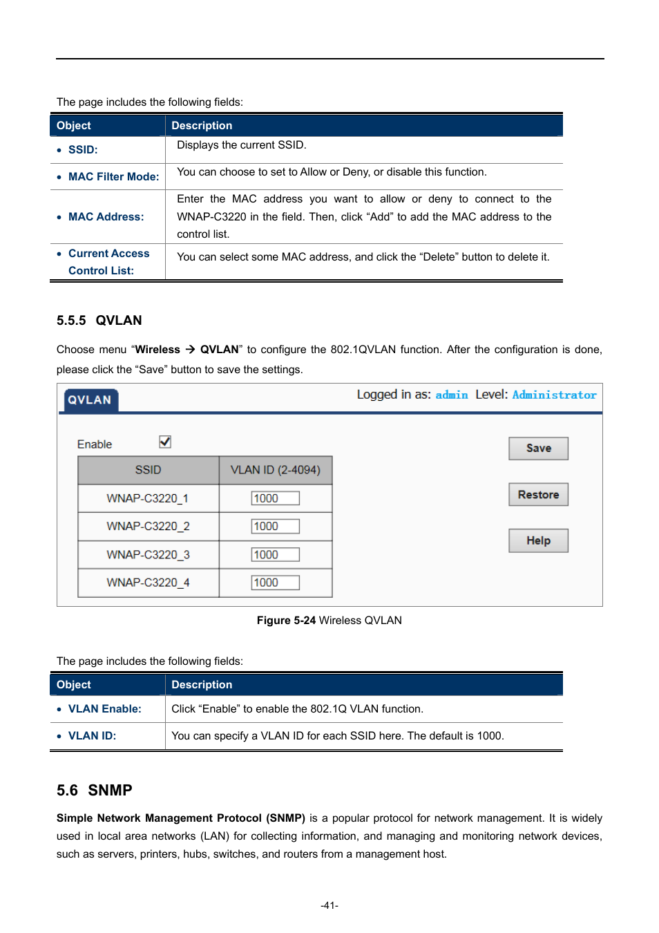 5 qvlan, 6 snmp, Qvlan | Snmp, Igure, Ireless | PLANET WNAP-C3220 User Manual | Page 49 / 79