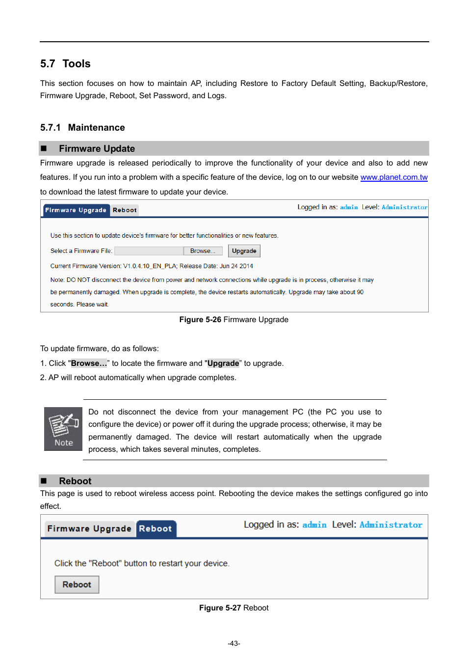 7 tools, 1 maintenance, Tools | Maintenance, Igure, Irmware, Pgrade, Eboot | PLANET WNAP-C3220 User Manual | Page 51 / 79