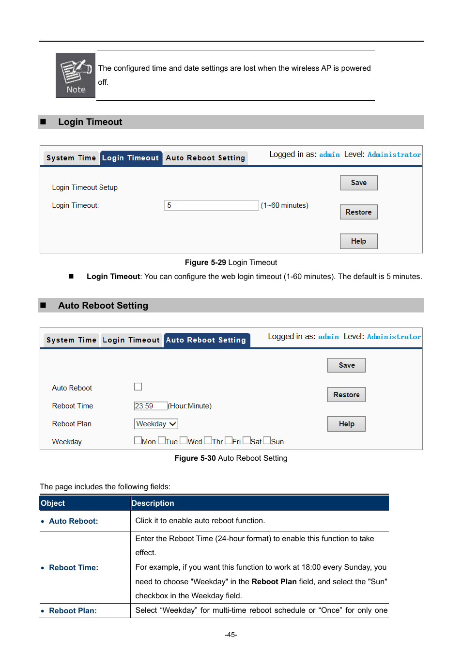 Igure, Ogin, Imeout | Eboot, Etting | PLANET WNAP-C3220 User Manual | Page 53 / 79