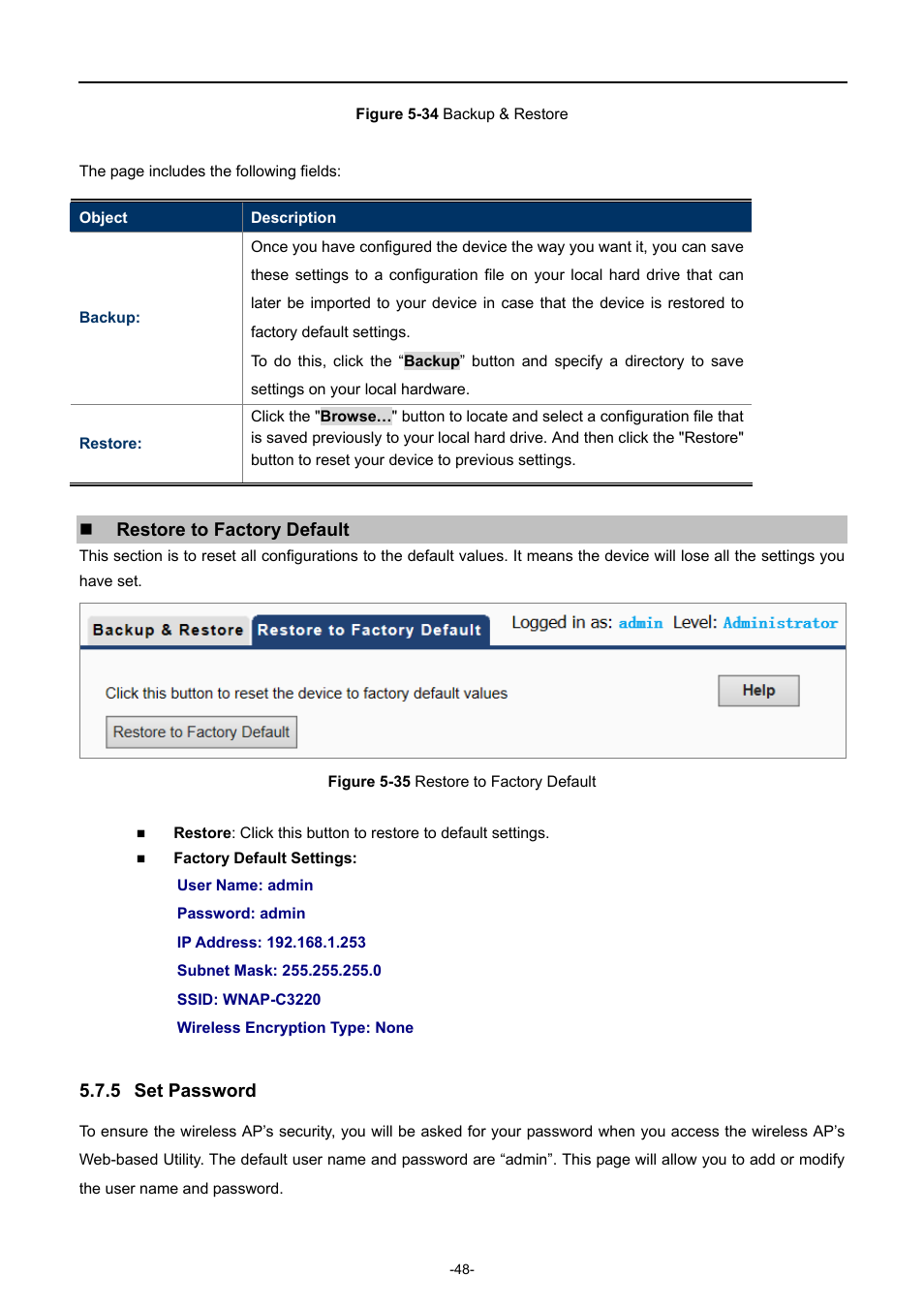 5 set password, Set password, Igure | Ackup, Estore, Estore to, Actory, Efault, Restore to factory default | PLANET WNAP-C3220 User Manual | Page 56 / 79