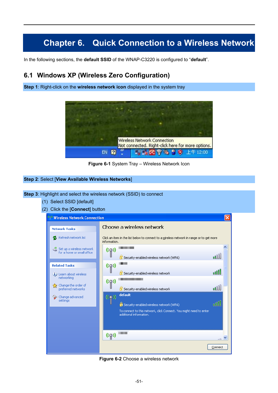 Chapter 6. quick connection to a wireless network, 1 windows xp (wireless zero configuration), Chapter 6 | Quick connection to a wireless network, Windows xp (wireless zero configuration), Igure, Ystem, Ireless, Etwork, Hoose a wireless network | PLANET WNAP-C3220 User Manual | Page 59 / 79