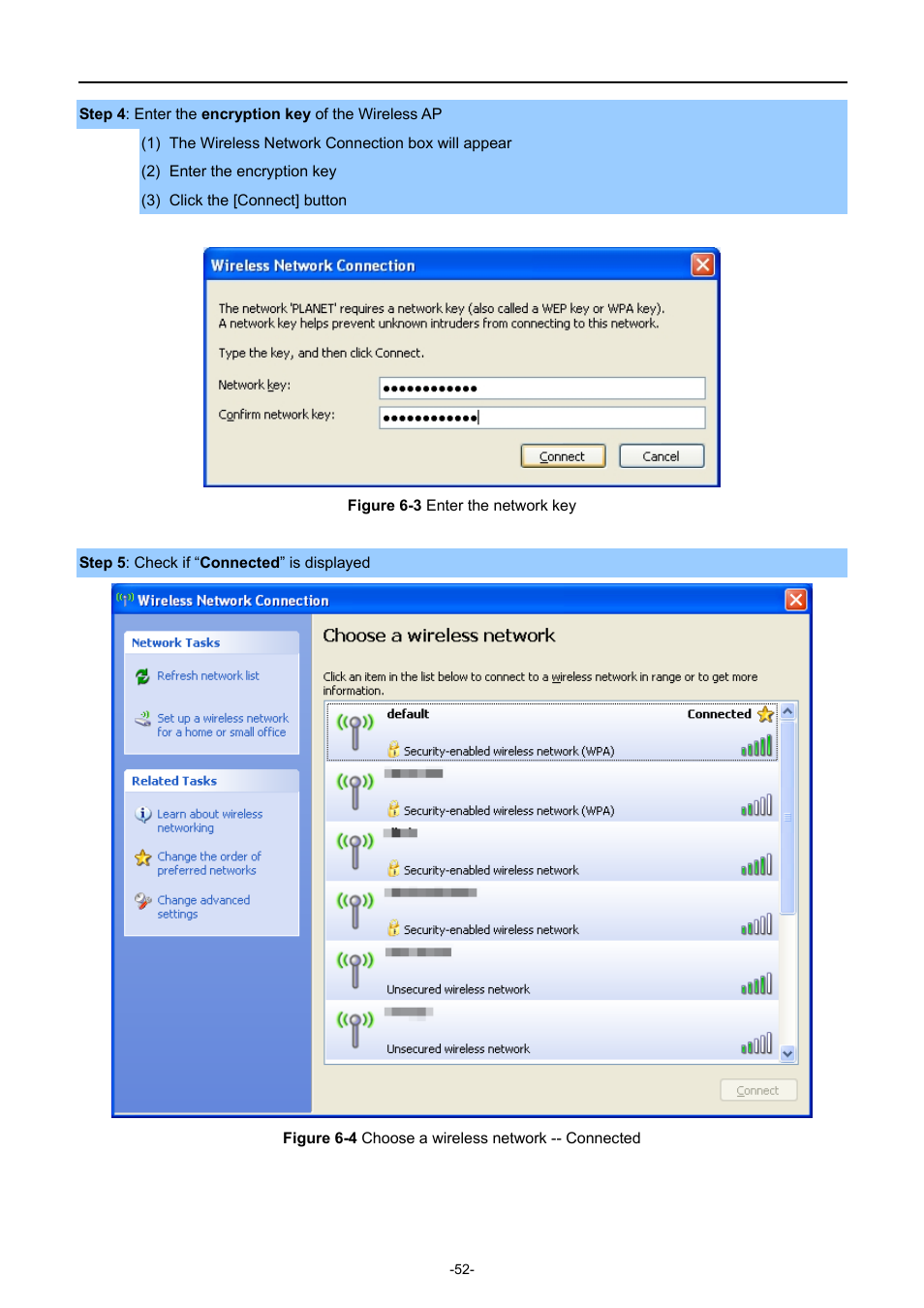 Igure, Nter the network key, Hoose a wireless network | Onnected | PLANET WNAP-C3220 User Manual | Page 60 / 79