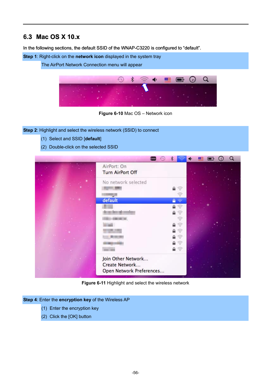 3 mac os x 10.x, Mac os x 10.x, Igure | Etwork icon, Ighlight and select the wireless network | PLANET WNAP-C3220 User Manual | Page 64 / 79