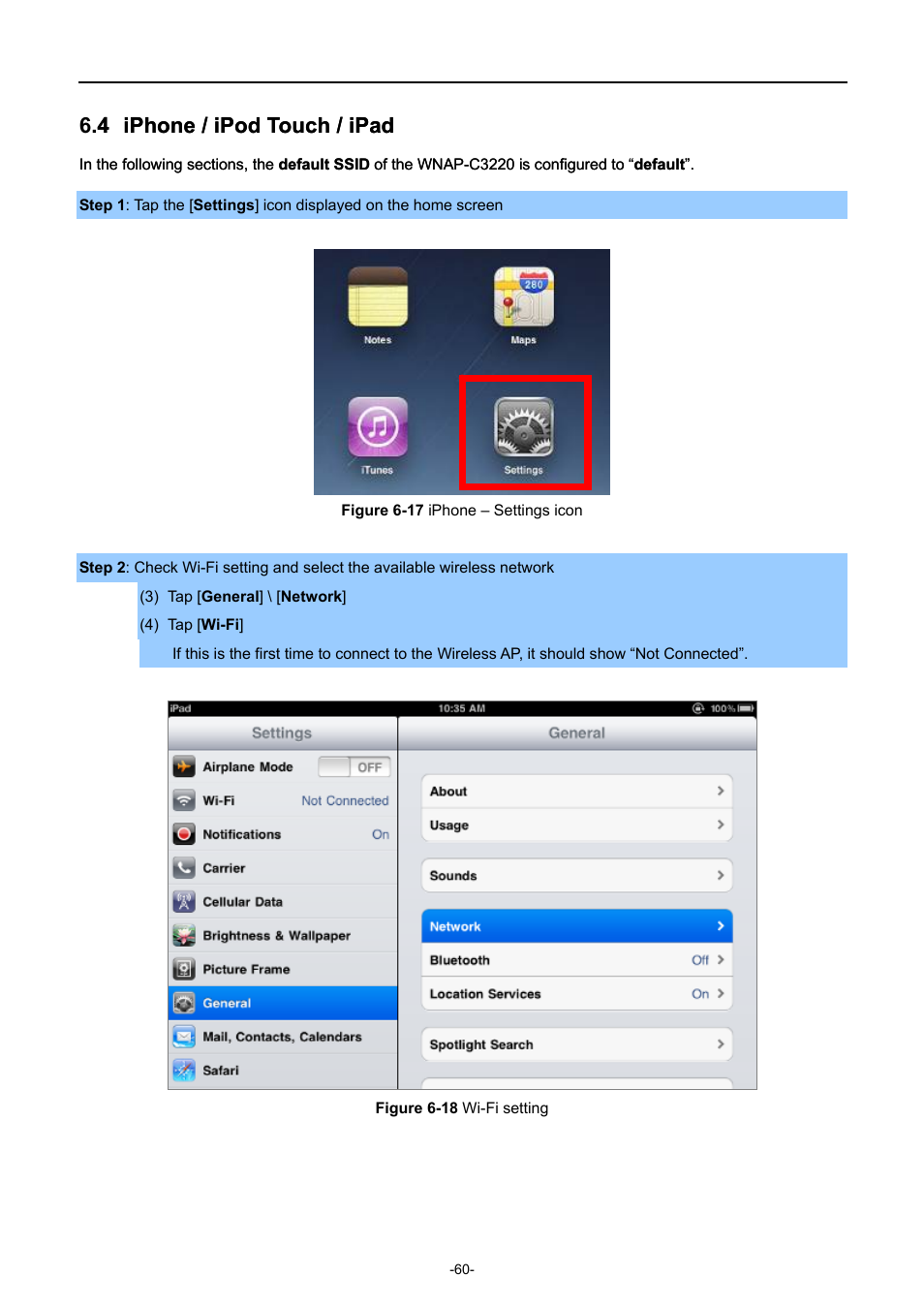 4 iphone / ipod touch / ipad, Iphone / ipod touch / ipad, Igure | Hone, Ettings icon, I setting | PLANET WNAP-C3220 User Manual | Page 68 / 79