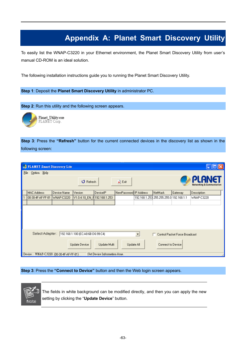 Appendix a: planet smart discovery utility | PLANET WNAP-C3220 User Manual | Page 71 / 79