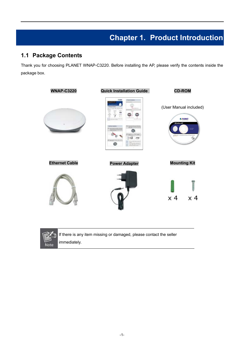 Chapter 1. product introduction, 1 package contents, Chapter 1 | Product introduction, Package contents | PLANET WNAP-C3220 User Manual | Page 9 / 79