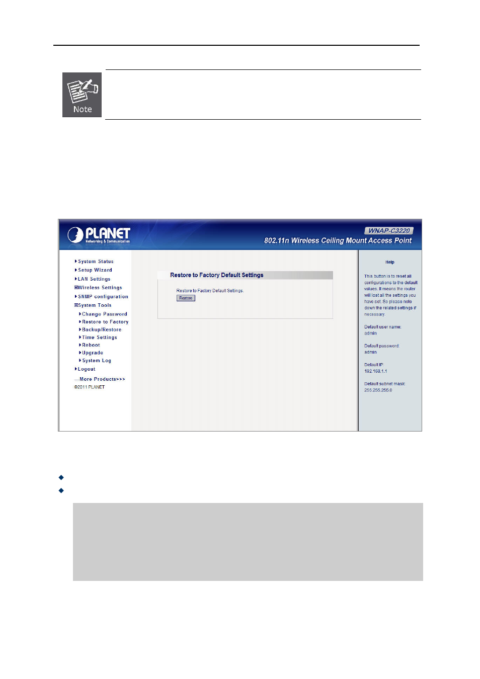 2 restore to factory, Restore to factory, Figure 34 restore to factory default settings | PLANET WNAP-C3220 User Manual | Page 47 / 63