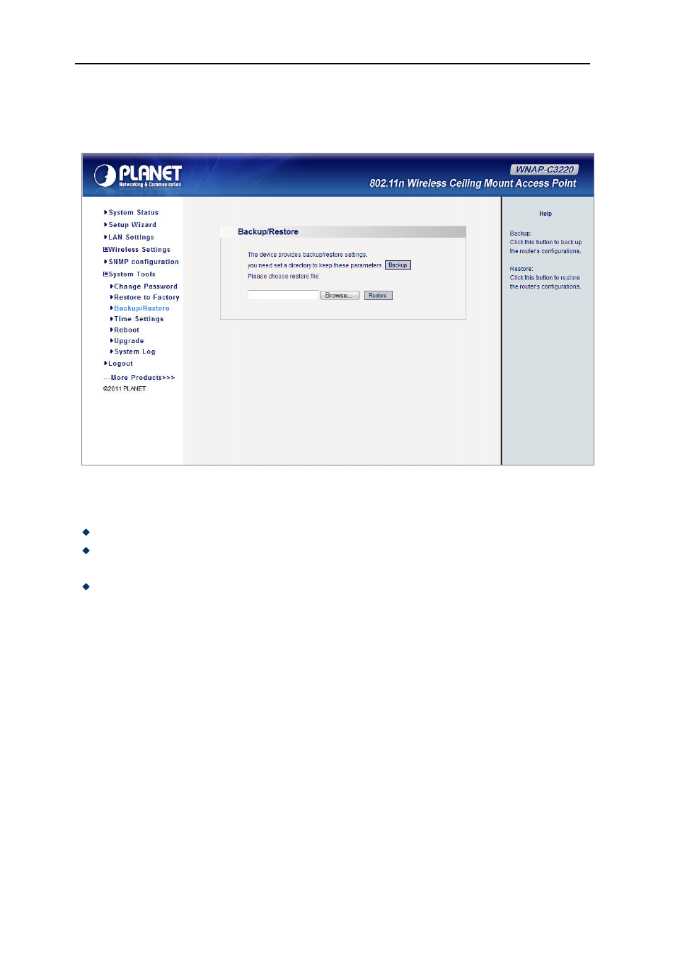 3 backup / restore, 4 time settings, Backup / restore | Time settings, Figure 35 backup/restore | PLANET WNAP-C3220 User Manual | Page 48 / 63