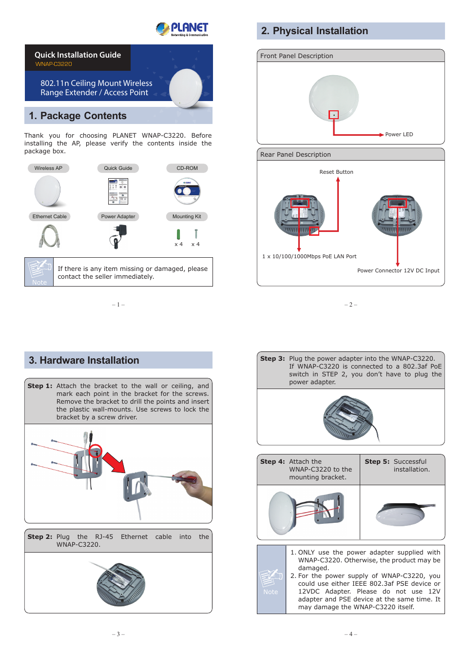 PLANET WNAP-C3220 User Manual | 2 pages