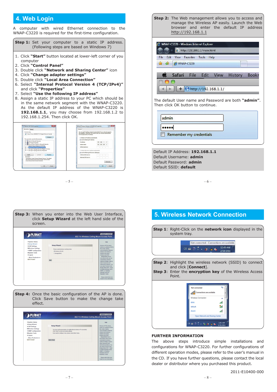 300mbps, Wnap-c3220, Web login 5. wireless network connection | PLANET WNAP-C3220 User Manual | Page 2 / 2