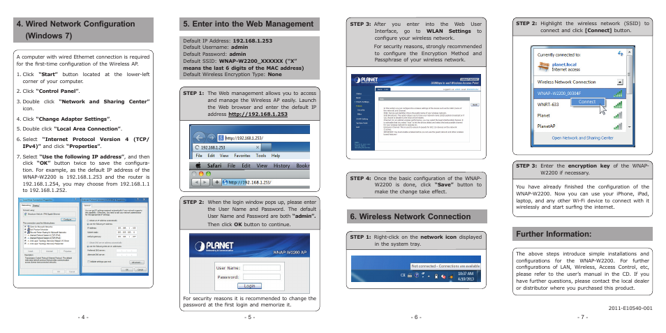 Wired network configuration (windows 7), Enter into the web management, Further information | Wireless network connection | PLANET WNAP-W2200 User Manual | Page 2 / 2