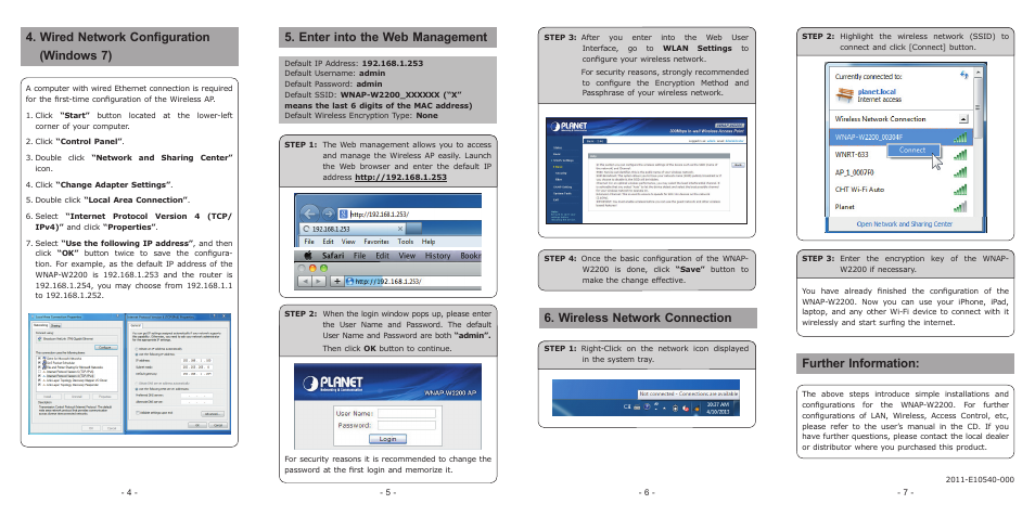 Wired network configuration (windows 7), Enter into the web management, Further information | Wireless network connection | PLANET WNAP-W2200 User Manual | Page 2 / 2