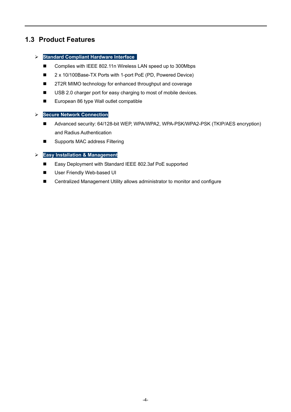 3 product features, Product features | PLANET WNAP-W2200 User Manual | Page 12 / 63