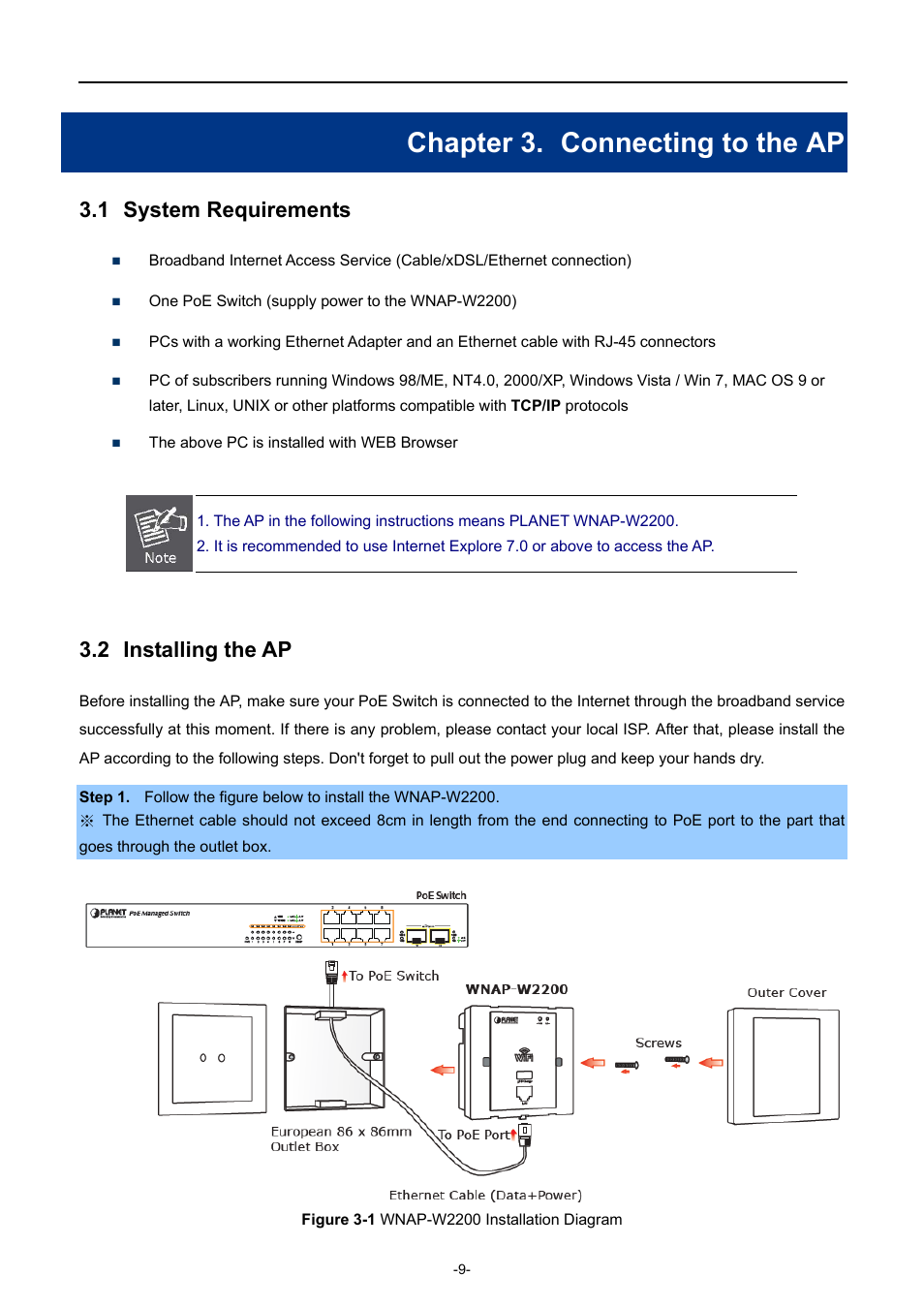 Chapter 3. connecting to the ap, 1 system requirements, 2 installing the ap | Chapter 3, Connecting to the ap, System requirements, Installing the ap, Igure, Wnap-w2200, Nstallation | PLANET WNAP-W2200 User Manual | Page 17 / 63