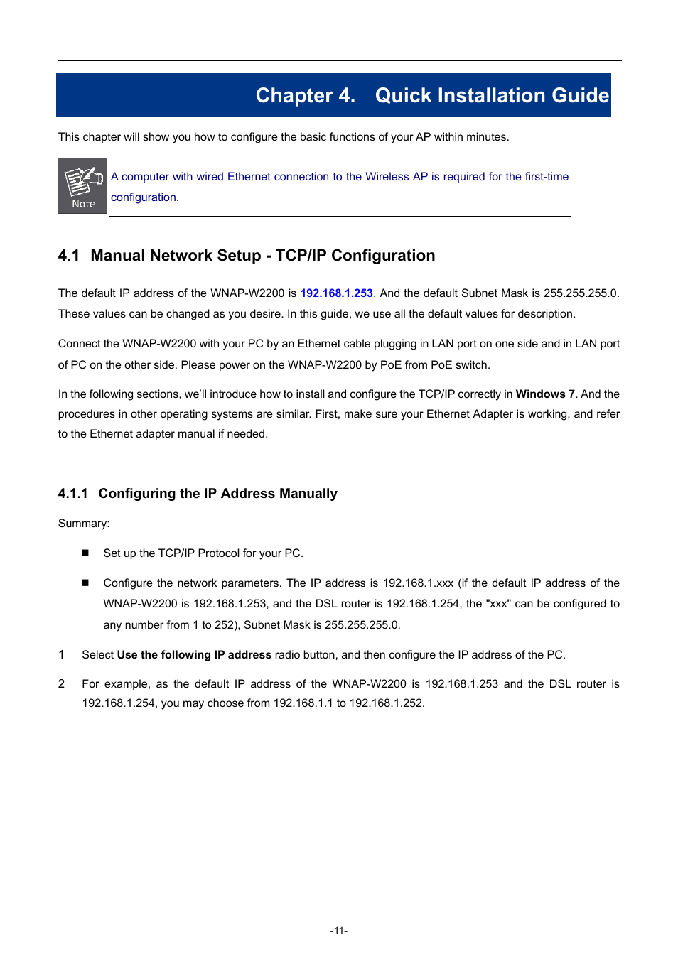 Chapter 4. quick installation guide, 1 manual network setup - tcp/ip configuration, 1 configuring the ip address manually | Chapter 4, Quick installation guide, Manual network setup - tcp/ip configuration, Configuring the ip address manually | PLANET WNAP-W2200 User Manual | Page 19 / 63